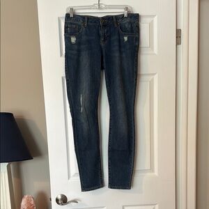 CAbi Blue Skinny Jeans with Distressed Details